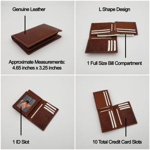 May include: A brown leather wallet with an L-shaped design. It has 10 total credit card slots, 1 ID slot, and 1 full-size bill compartment. The wallet measures 4.65 inches by 3.25 inches.