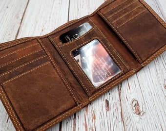 Handmade Hunter Brown Leather Trifold Wallet, Slim Card Holder