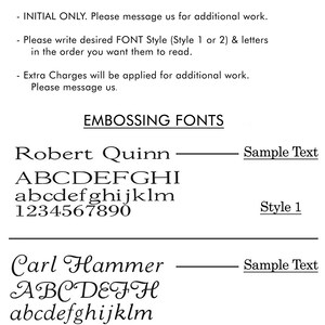 May include: Embossing options for personalized items. Two font styles are shown: Style 1 is a classic serif font, and Style 2 is a more decorative script font. Sample text is shown for each style.