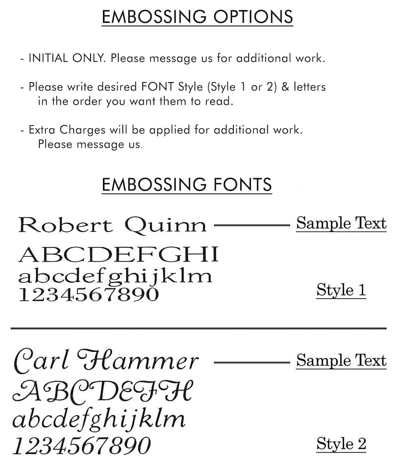 May include: Embossing options for personalized items. Two font styles are shown: Style 1 is a classic serif font, and Style 2 is a more decorative script font. Sample text is shown for each style.