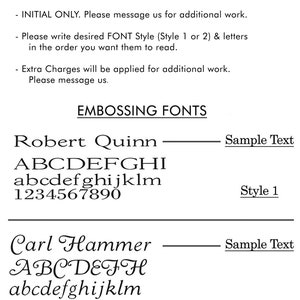 May include: Embossing options for personalized items. Two font styles are shown: Style 1 is a simple, clean font, while Style 2 is a more decorative script font. Sample text is shown for each style.