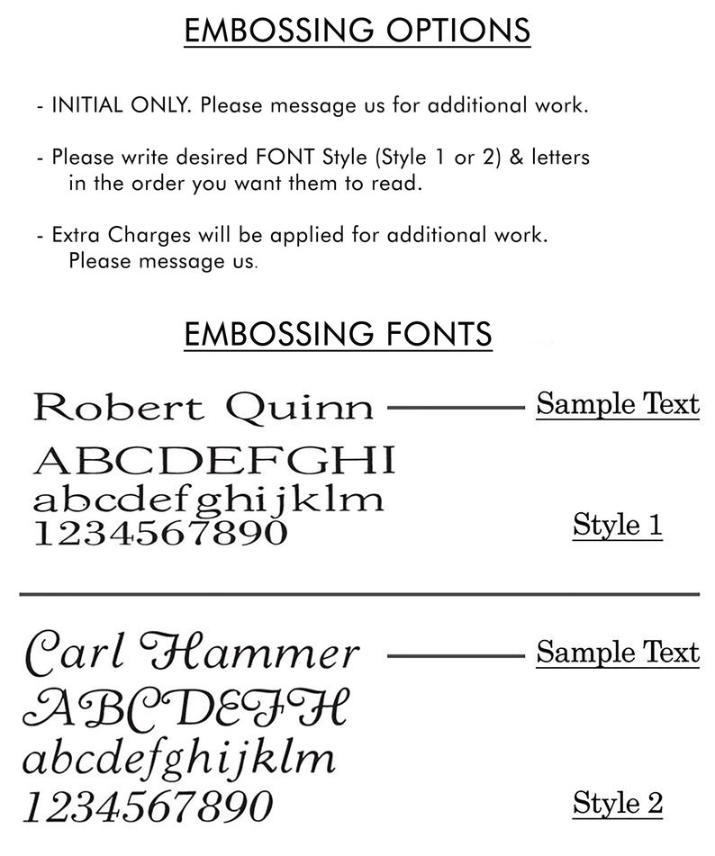 May include: Embossing options for personalized items. Two font styles are shown: Style 1 is a simple, clean font, while Style 2 is a more decorative script font. Sample text is shown for each style.