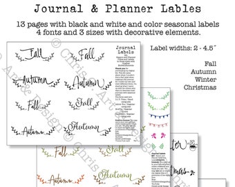 Journal and  Planner Lables. Seasonal Labels. Black and white labels, color labels. Decorative font labels. Decorative dingbats.