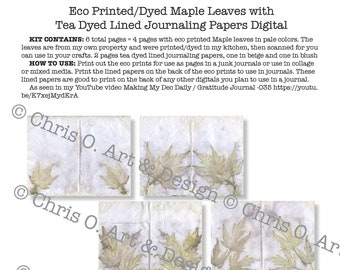 Eco Printed/Dyed Maple Leaves with Tea Dyed Lined Journaling Pages Digital. Junk journal pages, collage papers, plant prints.