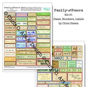 Family eFemera Kit 1 Etiquetas de fecha, etiquetas de números. Etiquetas de dirección, etiquetas de números de cuenta, etiquetas manuscritas.