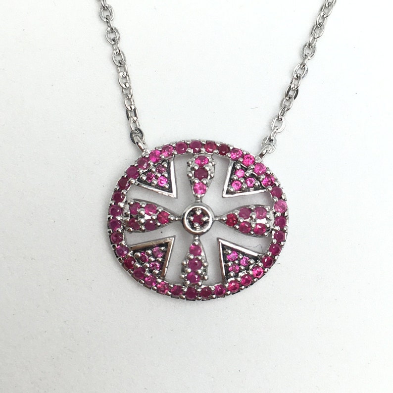 Ruby Necklace ~ Burmese Ruby Cross Necklace ~Sterling Silver White Gold Plated ~Gemstone jewelry ~Gift for her ~July Birthstone