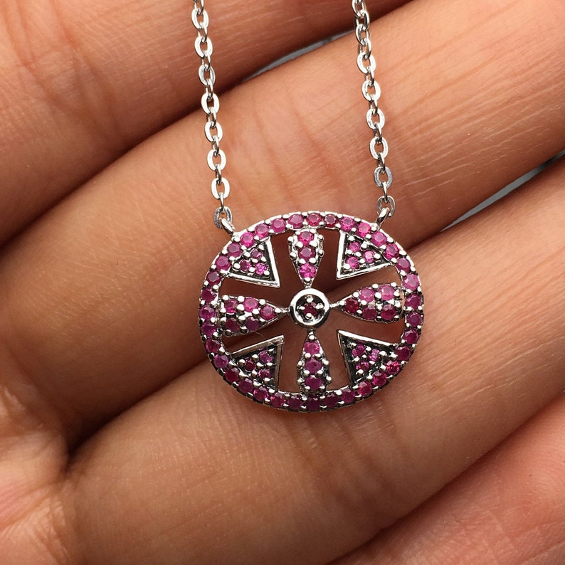 Ruby Necklace ~ Burmese Ruby Cross Necklace ~Sterling Silver White Gold Plated ~Gemstone jewelry ~Gift for her ~July Birthstone