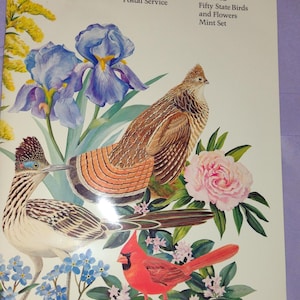 May include: A 1982 United States Postal Service mint set featuring illustrations of birds and flowers. The cover art includes a roadrunner, quail, and cardinal, with blue irises and pink peonies.