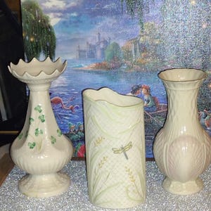 Rare Irish/Ireland Fine Porcelain Belleek Vases: Neptune Swirl Shell, Rathmore Floral and Pink Shell Vase