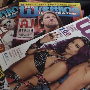 Può includere: Una pila di riviste Pro Wrestling Illustrated con lottatori sulle copertine. Le riviste hanno titoli come "Orange You Glad It's Over?" e "Report Cards for 100 Stars".