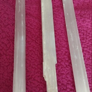 Selenite Wand 13-13.5 Inches; bonus gift small amethyst and three polished River Rocks