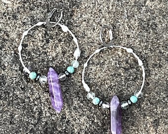 Amethyst Crystal Hoop Earrings, Fluorite, Hematite, Boho Spiritual Jewelry l Crystal Point Hoops l metaphysical l Divination Jewelry