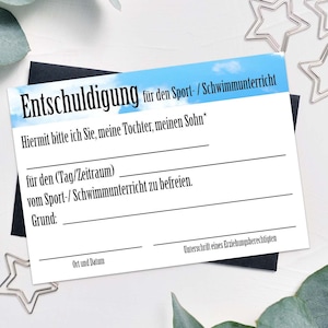 Formular Entschuldigung 25tlg. Sportunterricht Schwimmunterricht Schule