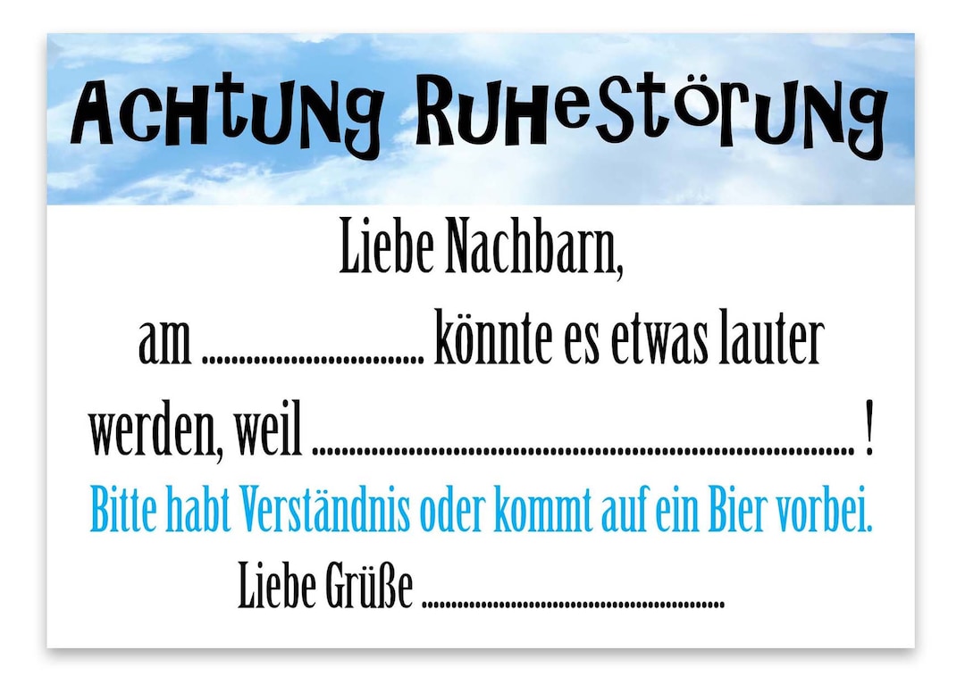 Ruhestörung Karte Nachbarn Ankündigung Lärm um Verständnis bitten
