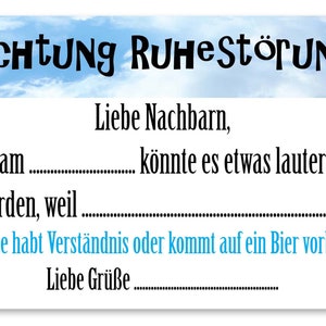 Ruhestörung Karte Nachbarn Ankündigung Lärm - um Verständnis bitten