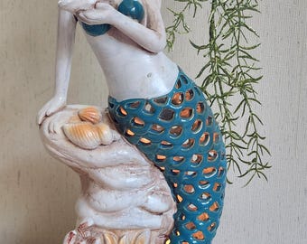 Ceramic Seaside Mermaid Lorlei Nightlight Nautical Lamp - 14" tall