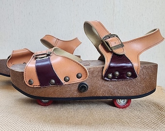 Vintage 1970's Omnia'C Pop Out Roller SKATE Platform Wheel Sandals -Italy Sz 9-40