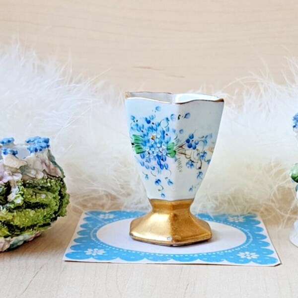 Vintage Germany Elfinware Blue Forget Me Not Flower Swan Trinket Dish Vase Egg Cup