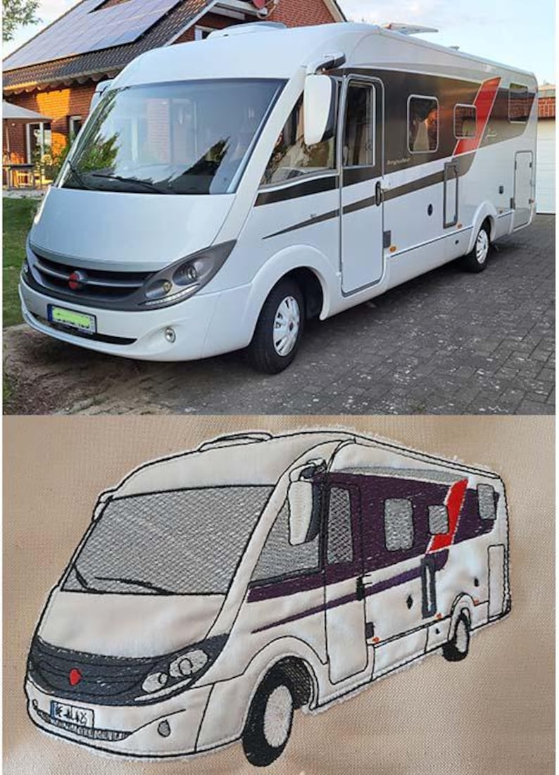 Pu&ograve; includere: Un camper bianco con grafiche laterali grigio scuro e rosse, dotato di un ampio parabrezza anteriore, specchietti laterali e ruote. Sotto, una toppa in tessuto ricamato replica il design del camper con cuciture dettagliate.