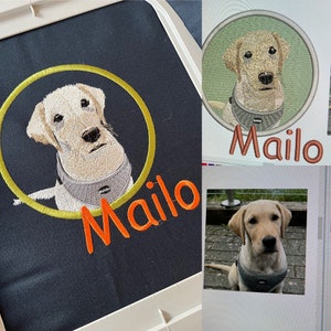 Pu&ograve; includere: Un ricamo personalizzato raffigurante un cane Labrador di colore chiaro che indossa una pettorina grigia all'interno di un bordo circolare giallo. Il nome Mailo &egrave; ricamato in filo arancione sotto il cerchio. Design visibile su tessuto e schermo.