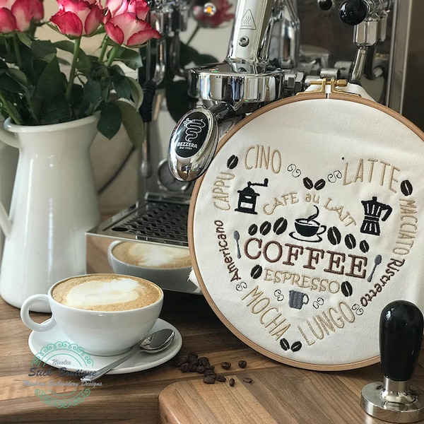 Embroidery file coffee heart 13x18 coffee cappucino macchiato lungo cafe au lait kitchen dining room table decoration