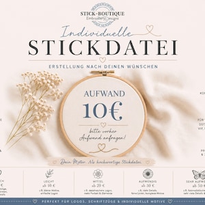 Könnte beinhalten: Werbebild für Stick-Boutique, die individuelle Stickdesigns anbietet. Das Design zeigt einen hölzernen Stickrahmen mit Text, einen Zweig weißer Blumen und Icons. Der Text enthält "Individuelle STICKDATEI" und "AUFWAND 10€".
