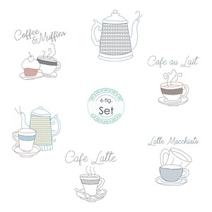 Könnte beinhalten: Ein Set mit sechs Illustrationen zum Thema Kaffee und Tee, darunter eine Kaffeekanne, eine Tasse Kaffee, ein Muffin und Text, der "Coffee & Muffins", "Cafe au Lait", "Cafe Latte" und "Latte Macchiato" lautet.