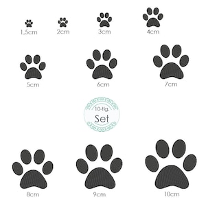 May include: A set of ten black paw print embroidery designs in various sizes, ranging from 1.5 to 10 centimeters. The designs are perfect for adding a touch of whimsy to any project.