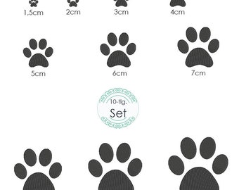 Può includere: Un set di dieci disegni di ricamo a forma di impronta di zampa nera in varie dimensioni, che vanno da 1,5 a 10 centimetri. I disegni sono perfetti per aggiungere un tocco di fantasia a qualsiasi progetto.