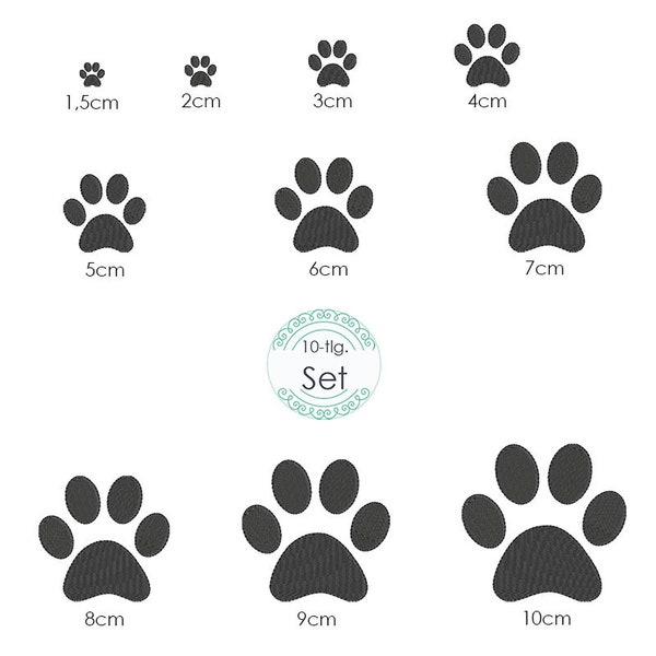 Embroidery Files Set Dog Paw in 10 Sizes Paw Imprint Paw
