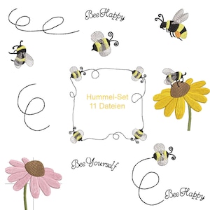 May include: A set of 11 embroidery designs featuring bees, flowers, and the phrases "Bee Happy" and "Bee Yourself". The designs are perfect for adding a touch of whimsy to your projects.