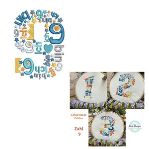 Könnte beinhalten: Stickerei mit der Zahl 9, umgeben von den Worten "Ich bin" in Blau, Gelb und Orange. Das Design ist auf weißem Hintergrund und eignet sich perfekt für einen Geburtstag oder einen anderen besonderen Anlass.