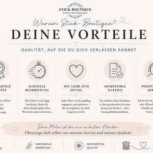 Pu&ograve; includere: Un grafico informativo per Stick-Boutique EmbroideryDesigns intitolato DEINE VORTEILE. Presenta cinque icone circolari che rappresentano qualit&agrave;, velocit&agrave;, dettaglio, compatibilit&agrave; dei file e servizio, con testo in tedesco esplicativo.