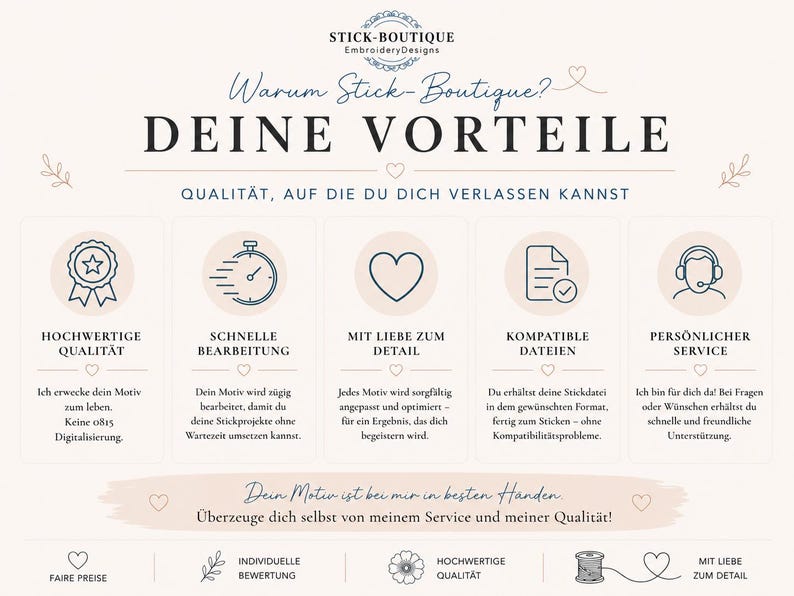 Pu&ograve; includere: Un grafico informativo per Stick-Boutique EmbroideryDesigns intitolato DEINE VORTEILE. Presenta cinque icone circolari che rappresentano qualit&agrave;, velocit&agrave;, dettaglio, compatibilit&agrave; dei file e servizio, con testo in tedesco esplicativo.