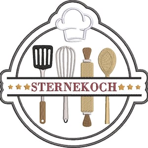 May include: A white chef's hat with a gray outline, surrounded by four kitchen utensils: a black spatula, a silver whisk, a brown rolling pin, and a wooden spoon. The text "STERNEKOCH" is written in red on a white banner with gray stars.