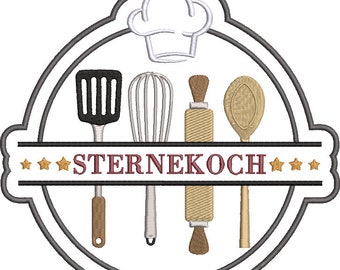 May include: A white chef's hat with a gray outline, surrounded by four kitchen utensils: a black spatula, a silver whisk, a brown rolling pin, and a wooden spoon. The text "STERNEKOCH" is written in red on a white banner with gray stars.