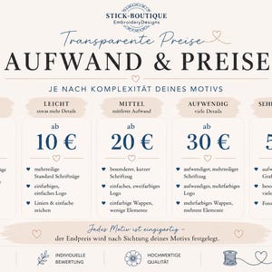 Pu&ograve; includere: Una tabella dei prezzi per Stick-Boutique Embroidery Designs intitolata AUFWAND & PREISE. Elenca cinque categorie di complessit&agrave; da Einfach a Sehr Aufwendig con prezzi a partire da 5&euro; fino a 50&euro;, dettagliando i requisiti di ricamo.