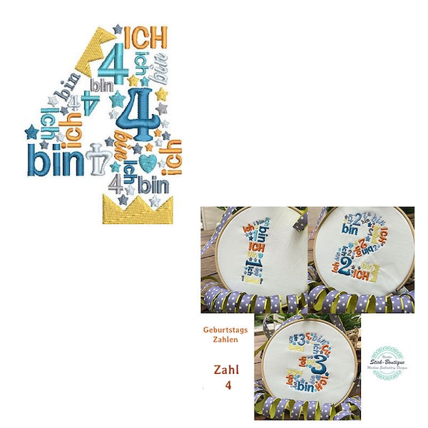 Embroidery file 10x10 birthday number 4 - I am already 4