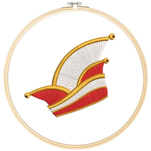 May include: A red and white jester's hat with gold trim, embroidered on a white background.
