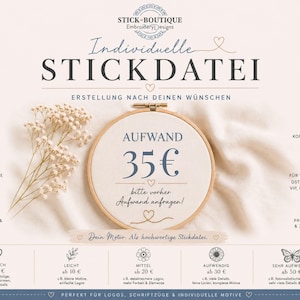 Könnte beinhalten: Werbung für individuelle Stickdateien. Das Design zeigt einen beigefarbenen Hintergrund mit deutschem Text, darunter "Individuelle STICKDATEI" und Preise in Euro. Ein Blumenarrangement und ein Stickrahmen sind ebenfalls vorhanden.