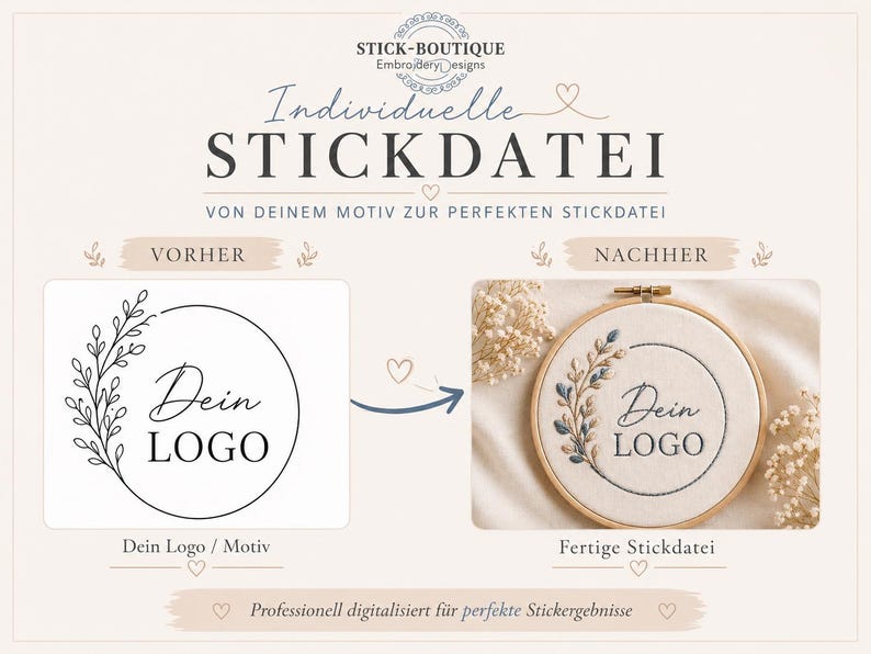 Könnte beinhalten: Ein Bild, das die Umwandlung eines Logos in ein Stickdesign zeigt. Der Text lautet "Individuelle STICKDATEI" und "Dein LOGO". Vorher-Nachher-Beispiele veranschaulichen den digitalen Stickprozess.