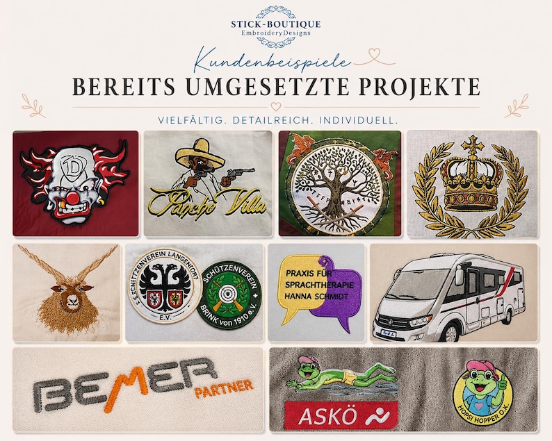 Pu&ograve; includere: Un collage di varie toppe ricamate con disegni come un clown, Pancho Villa, un albero, una corona, una capra, loghi di club, fumetti, un camper, il testo BEMER PARTNER, una rana e il testo ASKO e HOPSI HOPPER O.K.