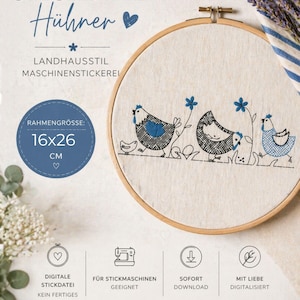 May include: An embroidery hoop with a linen fabric featuring a whimsical design of chickens and flowers. The text "STICKDATEI Hühner" is at the top. The frame size is 16x26 cm. The design is suitable for machine embroidery.