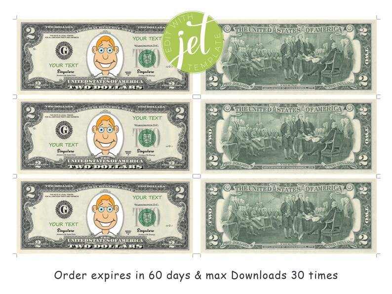 Editable Two Dollar Bill, Money Bill Art, Your Face on Money ...