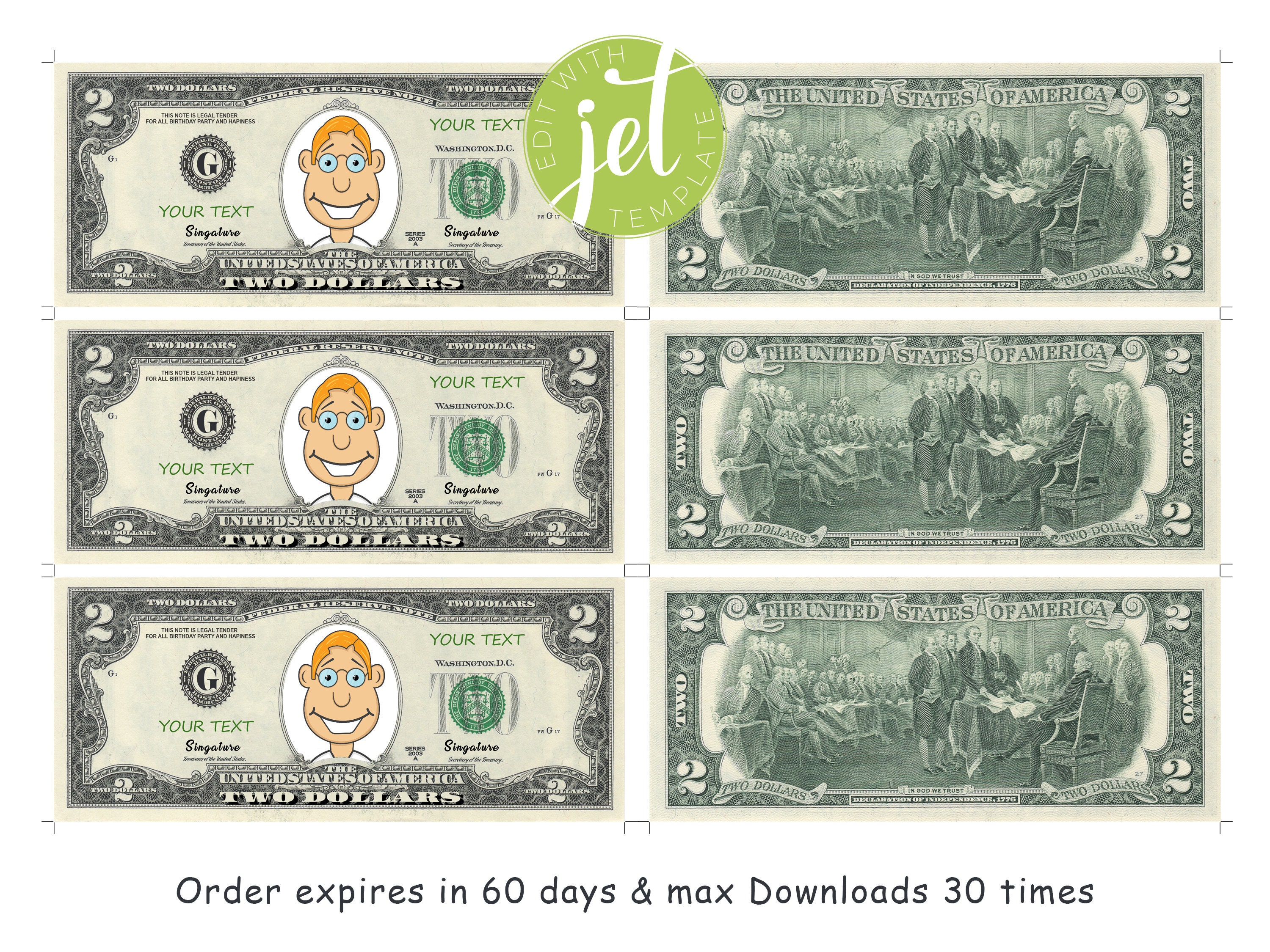 Editable Two Dollar Bill, Money Bill Art, Your Face on Money ...