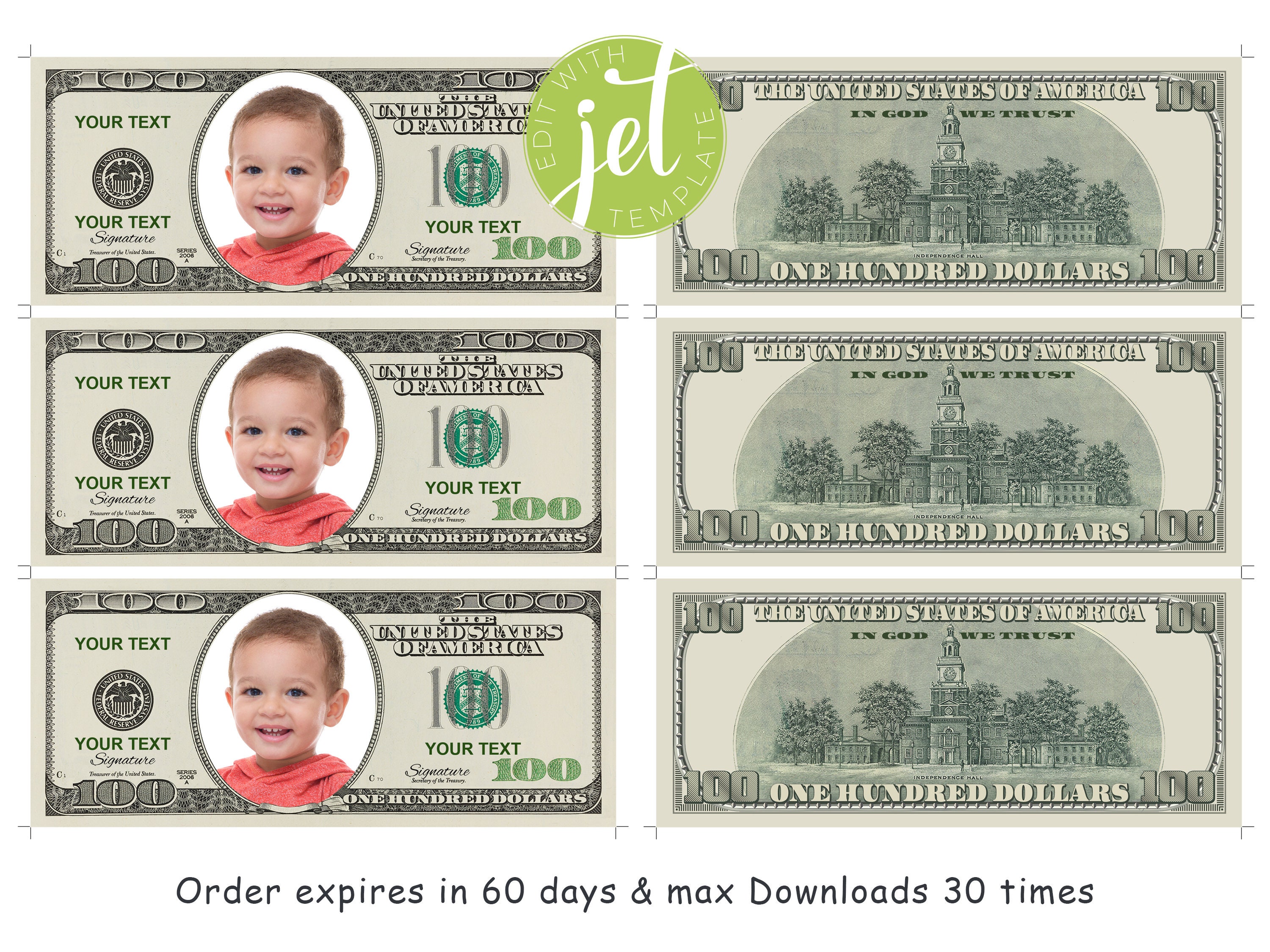 Editable 100 Dollar Bill, Money Bill Art, Your Face on Money ...