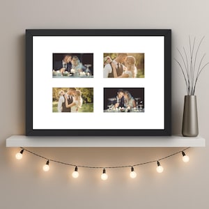 Puede incluir: Un collage de fotos enmarcado en negro con cuatro fotos románticas de boda. Las fotos muestran a parejas abrazándose y compartiendo momentos íntimos. El marco se exhibe en una estantería blanca con una guirnalda de luces y un jarrón decorativo.