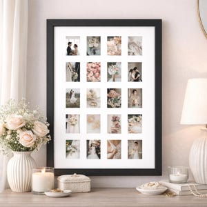 May include: A black framed collage of sixteen small wedding photos. The photos feature brides, grooms, bouquets, and wedding details. The frame sits on a light-colored surface with a vase of flowers, a candle, and decorative items.