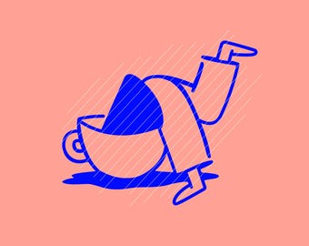 May include: A blue illustration of a person falling into a coffee cup, with a pink background and white diagonal lines. The cup is overflowing with blue liquid, and the person's legs and arms are visible.