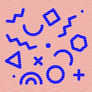 以下が含まれることがあります： ピンクの背景に、ジグザグ、円、正方形、三角形、六角形、十字架、プラス記号、虹など、青い幾何学模様が描かれています。